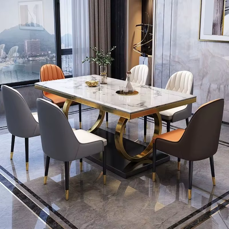 Table de salle à manger moderne de luxe en acier inoxydable avec 6 chaises, ensemble de chaises rect