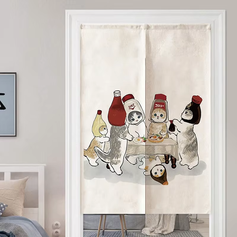 Rideau de porte japonais imprimé chat, séparateur de pièce pour salon et chambre, rideaux mignons à 