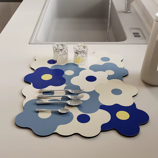 Tapis de séchage de vaisselle à séchage rapide, tampons de vidange de vaisselle en caoutchouc à fleu