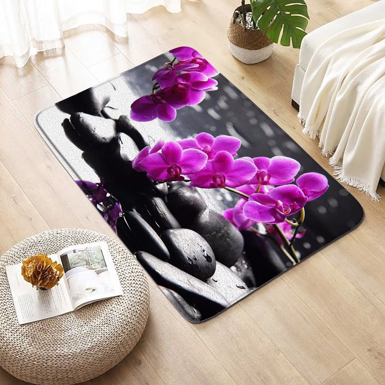 Tapis de bain Zen en pierre noire, orchidées d'eau, feuilles de fleurs, décoration de salle de bain,