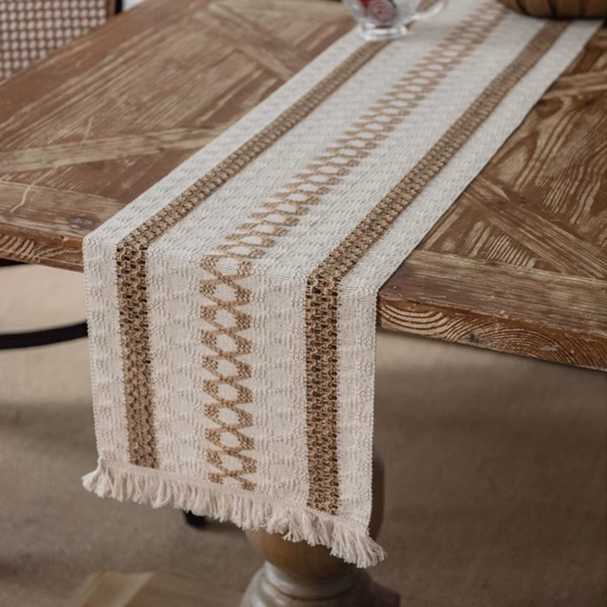 Chemin de table en lin Boho, chemin de table en macramé marron crème lavable avec glands pour la déc