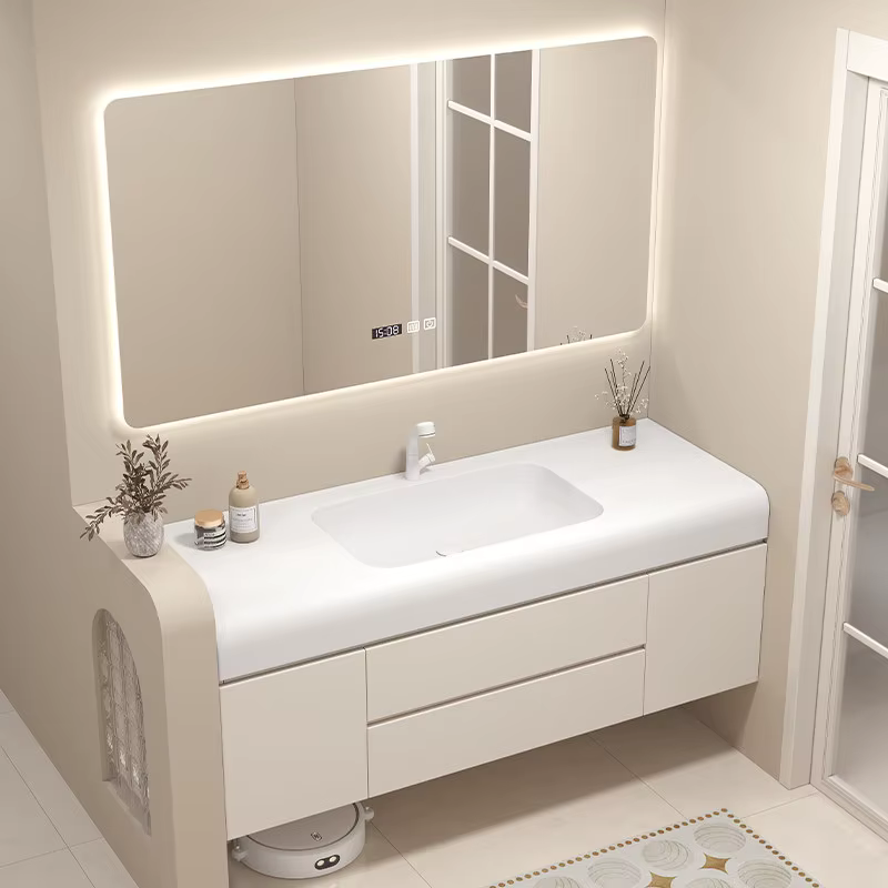 Meuble-lavabo de salle de bain moderne style crème avec lavabo intégré en DuPont Corian - Meuble de 