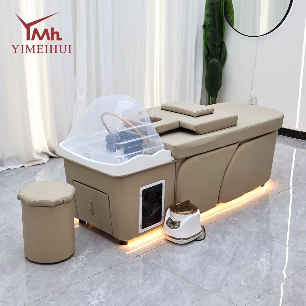 Table de massage design marron avec équipement de spa pour la tête, lit chauffant à circulation d'ea
