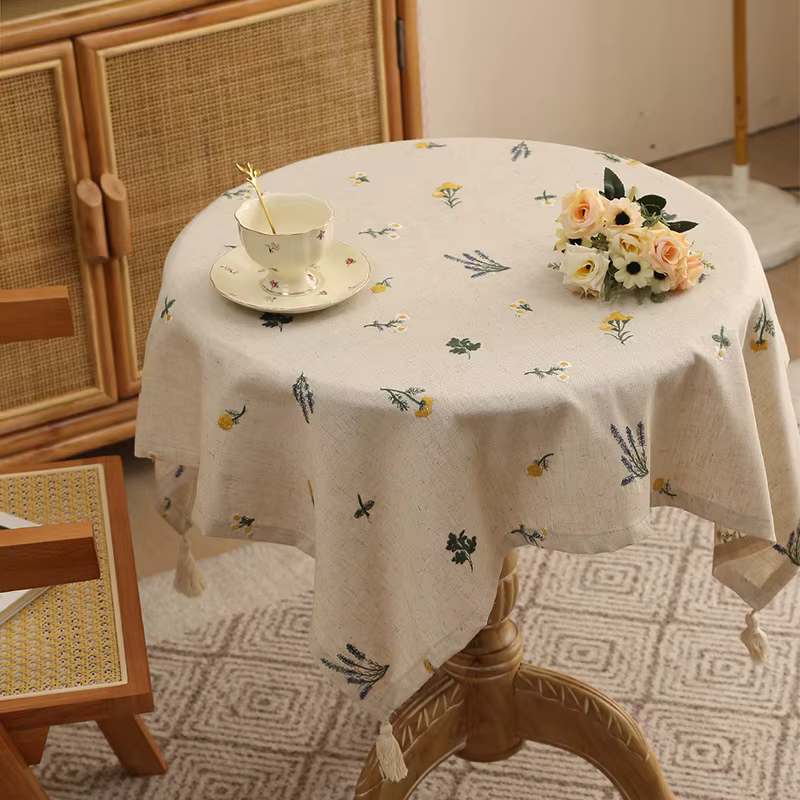 Nappe de jardin brodée en lin avec franges, couverture de Table en coton et lin imprimé Floral avec 