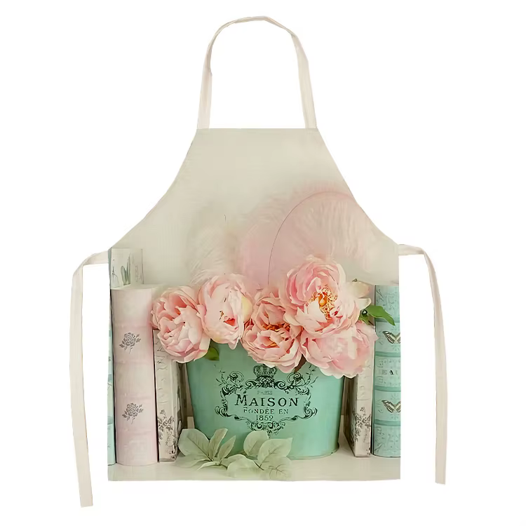 Bavoir en lin à motif de fleurs roses pour la cuisine, tablier en fibre, livres féminins à la maison