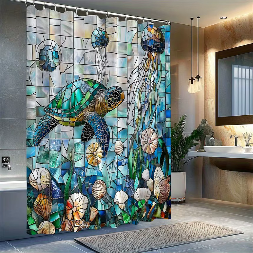 Rideau de douche en mosaïque tortue de mer, décoration de salle de bain sur le thème de la vie marin