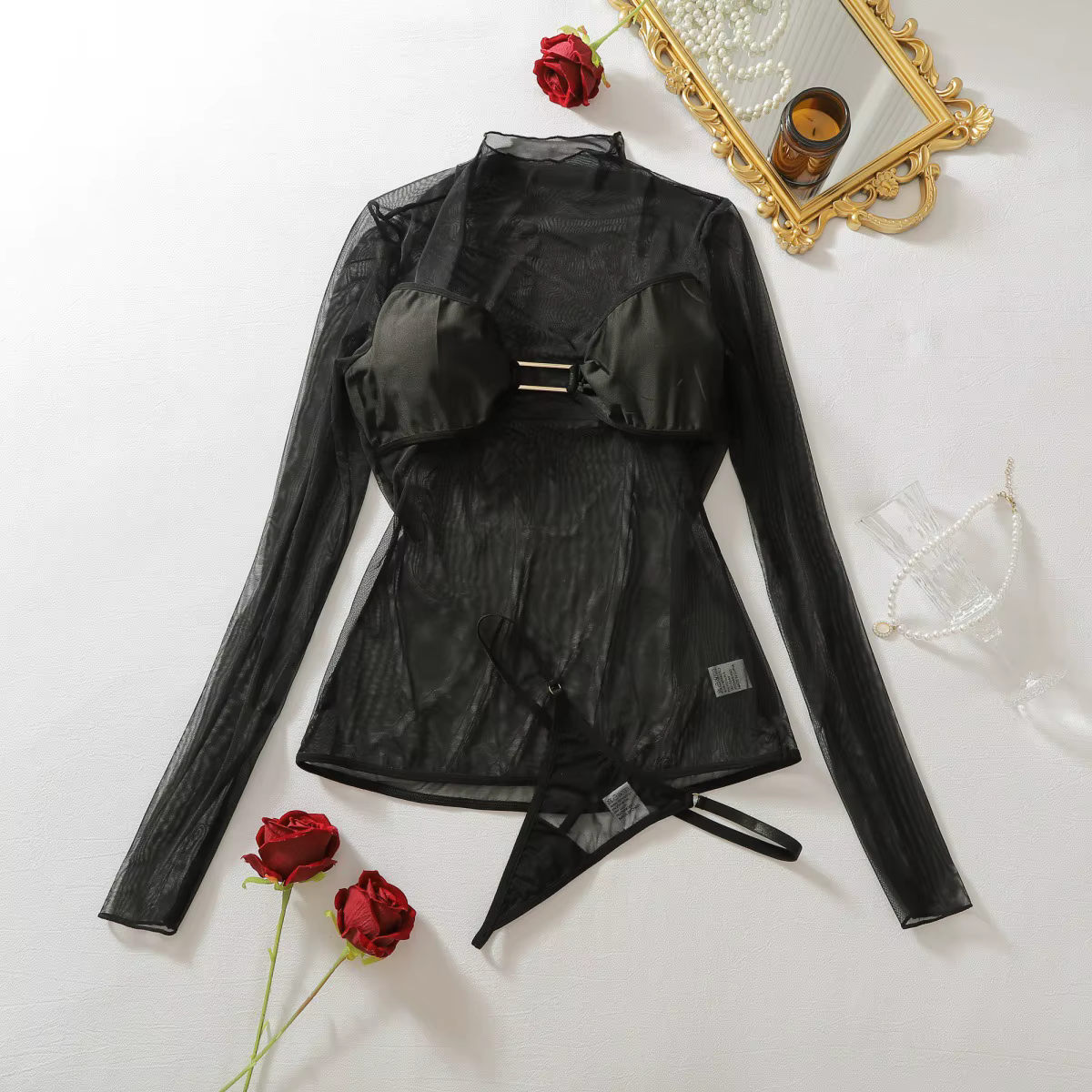 Ellolace Lingerie Exclusive Femme Ultra Hot Robe Courte à Manches Longues et String 2 Pièces Soutien