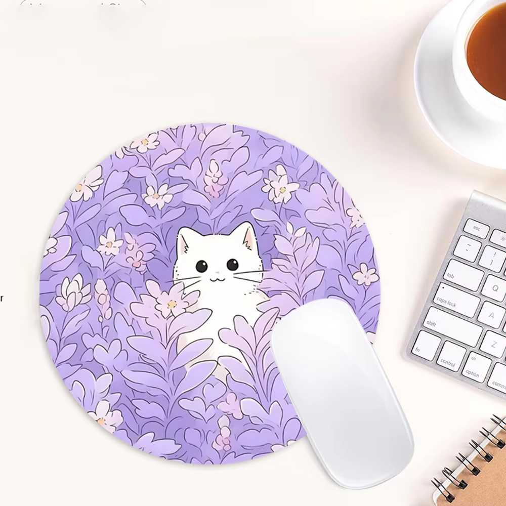 Tapis de souris rond chat blanc mignon tapis de bureau violet lavande tapis de souris en caoutchouc 