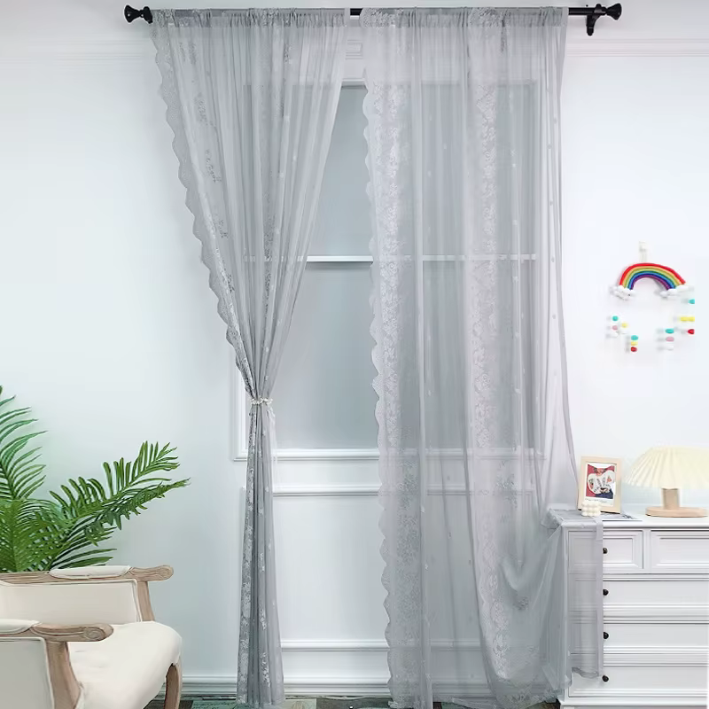 Rideau gris en dentelle brodée florale, transparent, pour salon, avec passe-tringle, 2 panneaux, sty