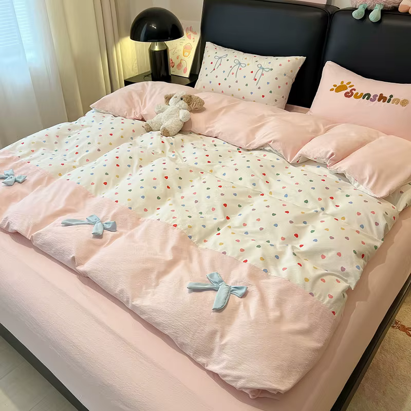 Parure de lit imprimée coréenne style princesse en coton doux pour lit Queen, broderie universelle q