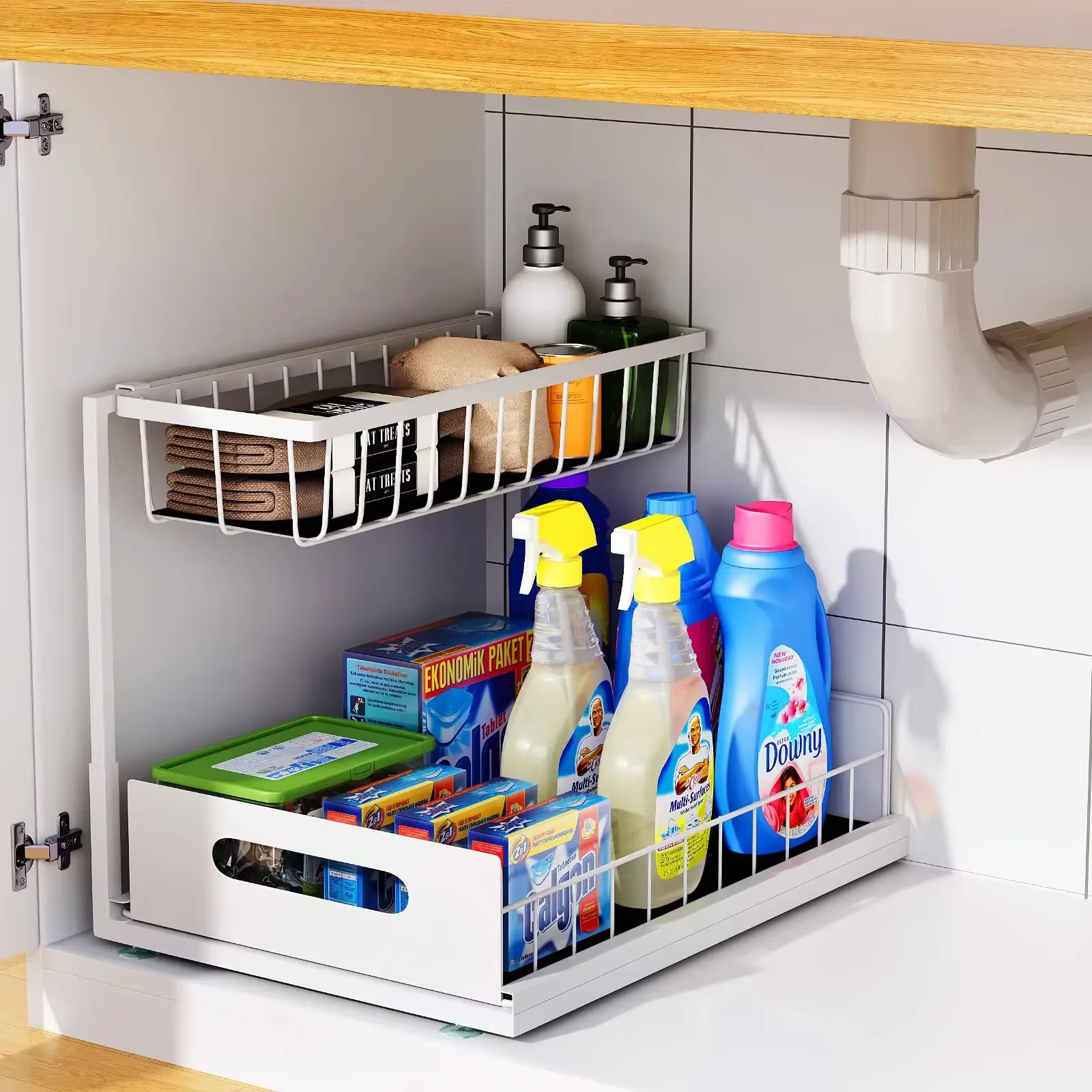 Outil de rangement magique pour la cuisine – Panier coulissant double couche, utilisation sous l'évi