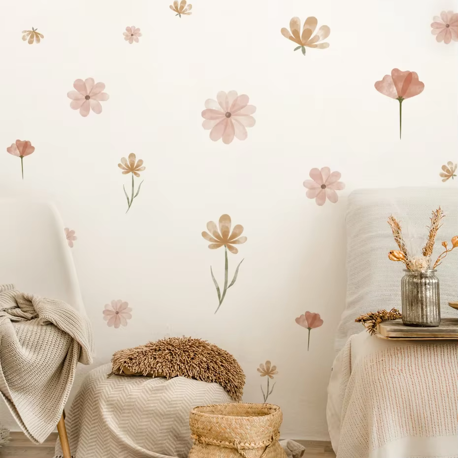 Autocollant mural fleur bohème aquarelle pour chambre d'enfant, salon, décoration d'intérieur, art é