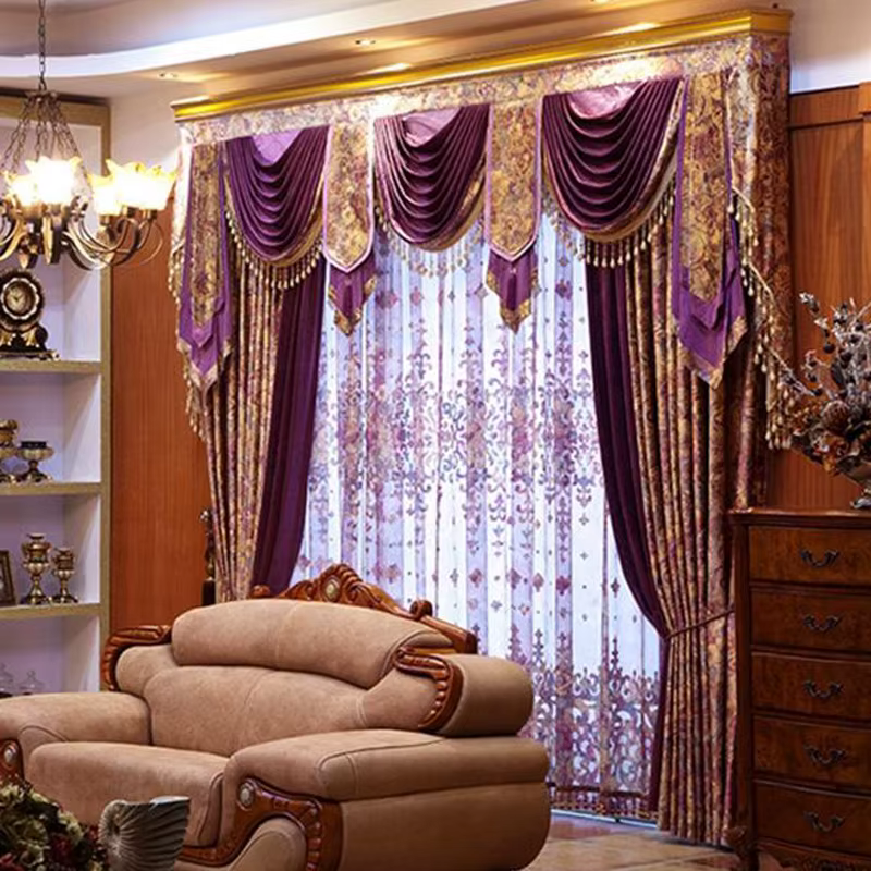 Rideau de fenêtre violet de luxe, drapé, motif magique de luxe, fleur sur fil brillant, conseils, no