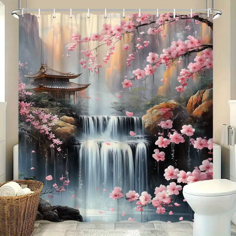 Rideau de douche imprimé numérique Sakura, design paysager artistique, avec crochets, adapté à la dé