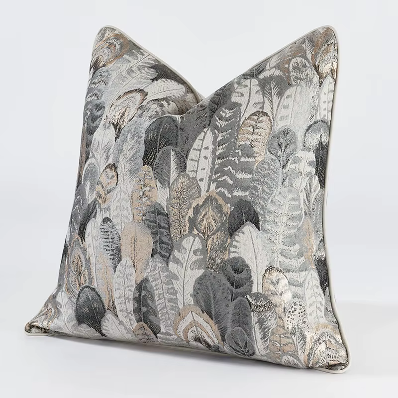 Housse de coussin en jacquard gris argenté de luxe, motif plume, texture vintage, décorative, pour c