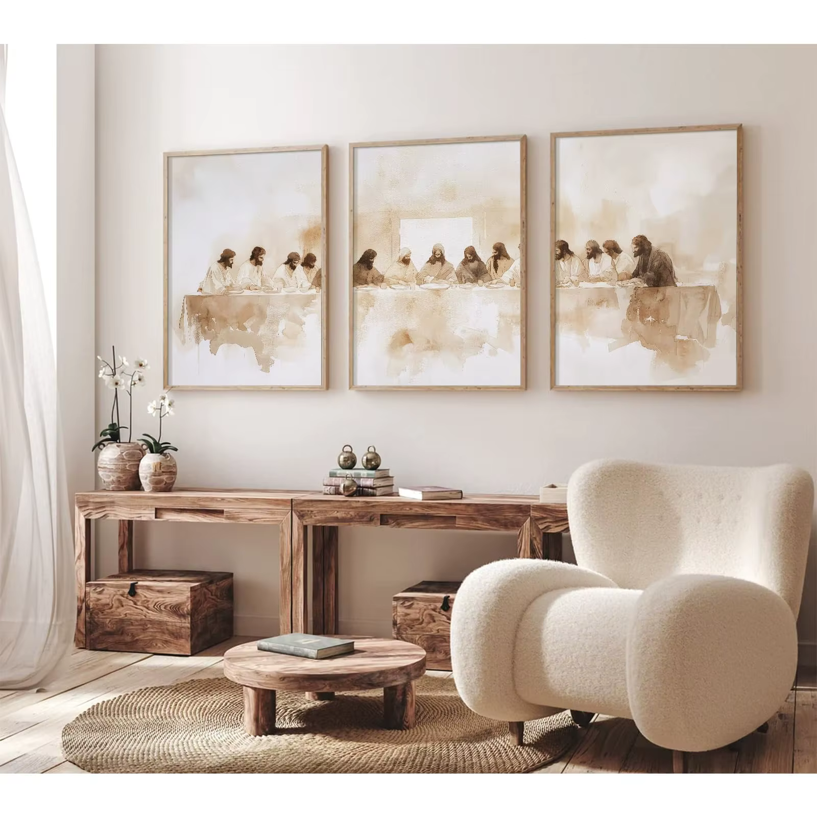 Ensemble d'art religieux minimaliste 3 pièces, décoration murale en toile sans cadre pour dernière c