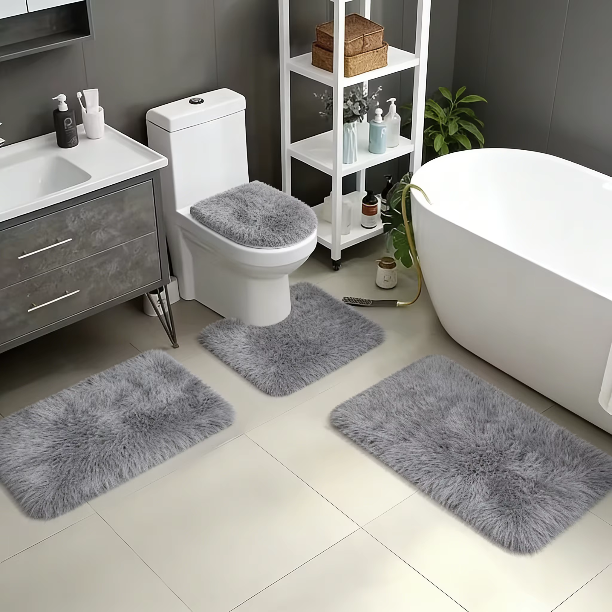 Lot de 4 pièces : Housse de siège de toilette, Tapis de bain, Tapis de sol pour salle de douche, Tap