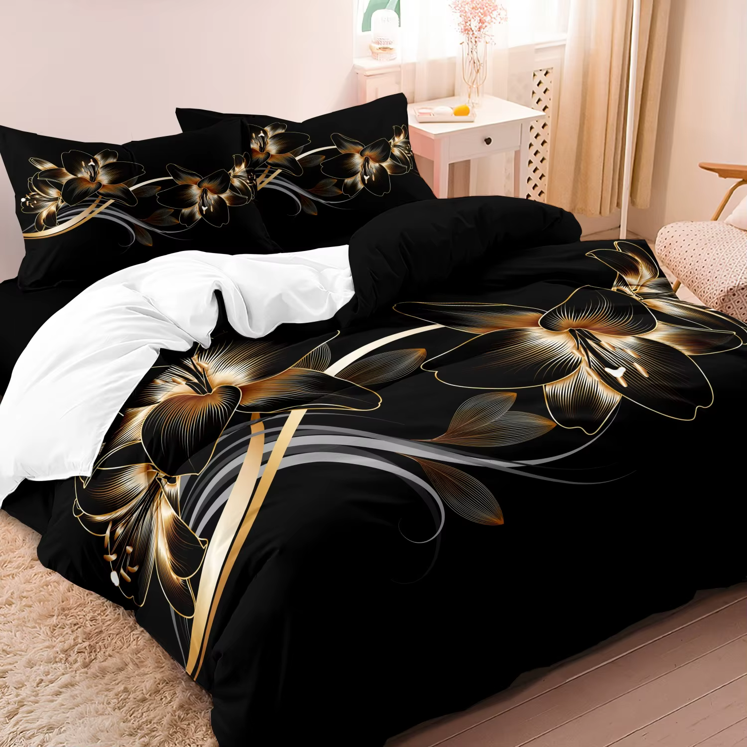 Ensemble de housse de couette moderne, imprimé Floral noir et doré, doux et respirant, pour chambre 