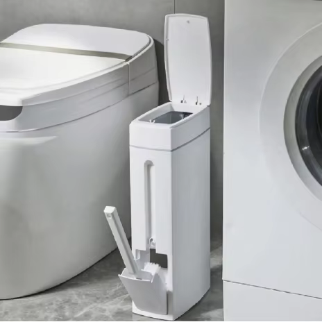 Poubelle de salle de bain avec brosse WC intégrée – Gain de place, petite poubelle avec couvercle, a