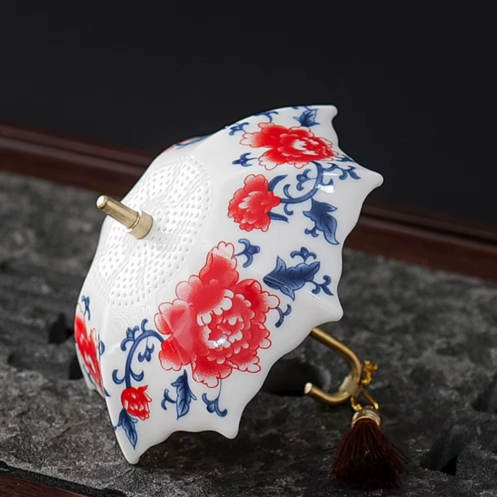 Infuseur à thé en céramique style parapluie, motif porcelaine bleue et blanche, avec pompon, filtre 