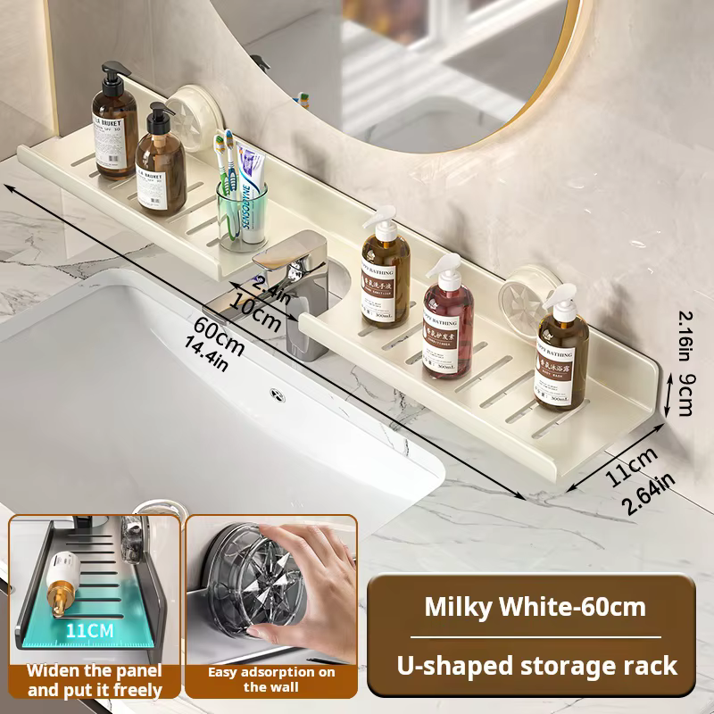 Étagère de salle de bain murale sans perçage avec miroir à ventouse pour lavabo et robinet