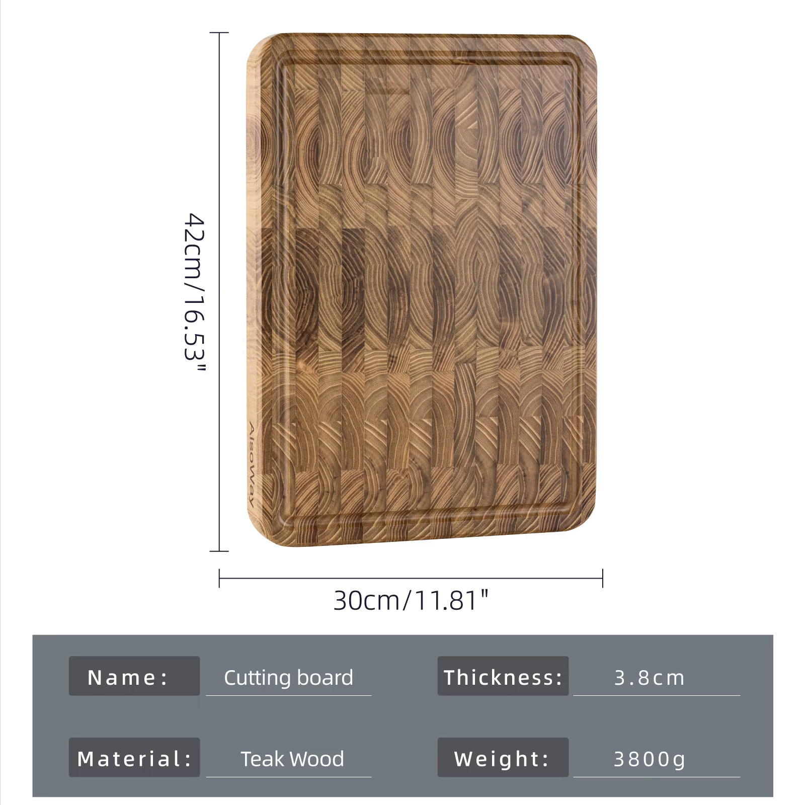 Planche à découper en teck de grain d'extrémité pour la cuisine, bois durable avec rainures de jus, 