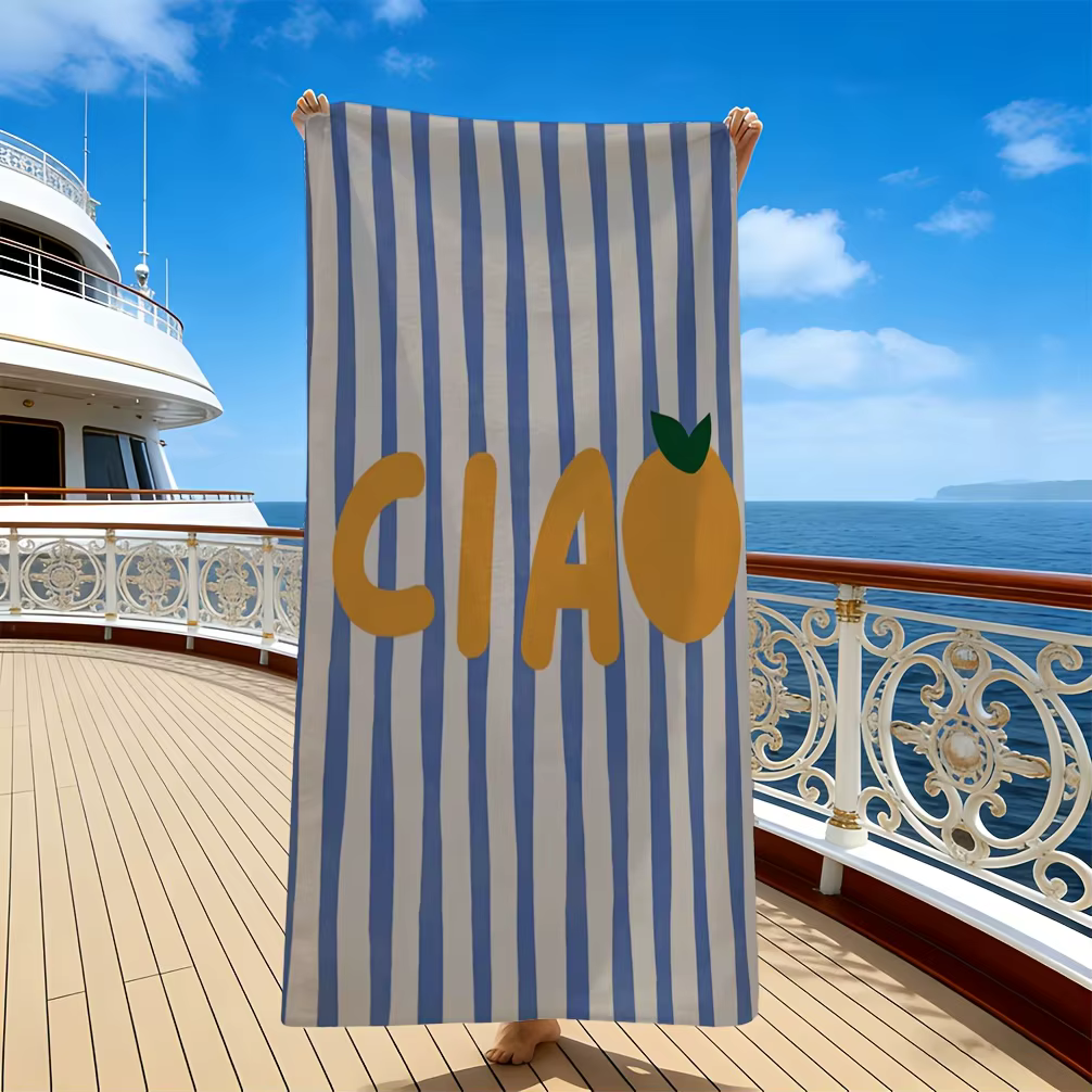 1 pièce Serviette de plage italienne vintage, motif Ciao à rayures bleues et fruits oranges, cadeau 
