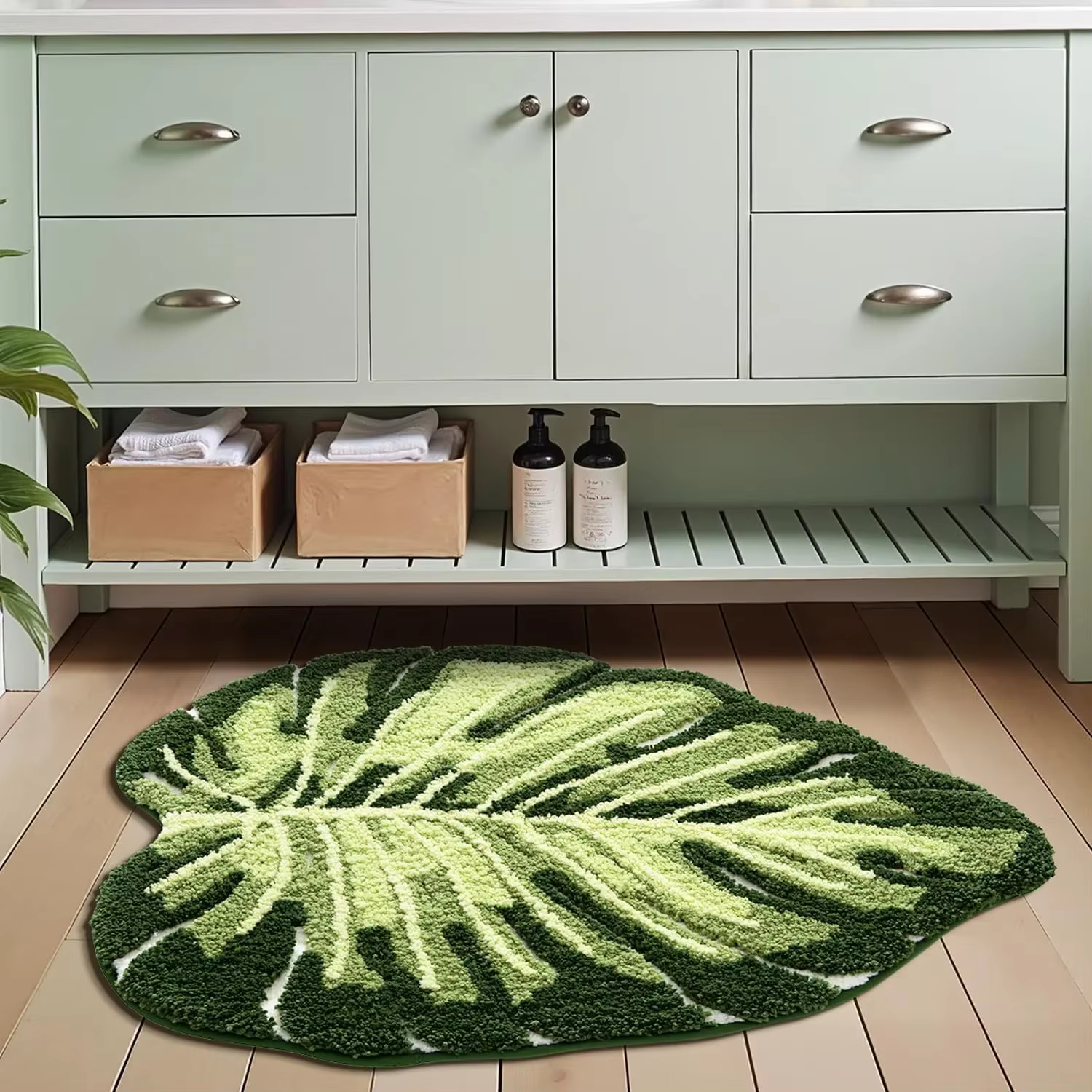 Tapis de bain antidérapant VIKAMA, design feuille verte, tapis de sol de salle de bain, lavable en m