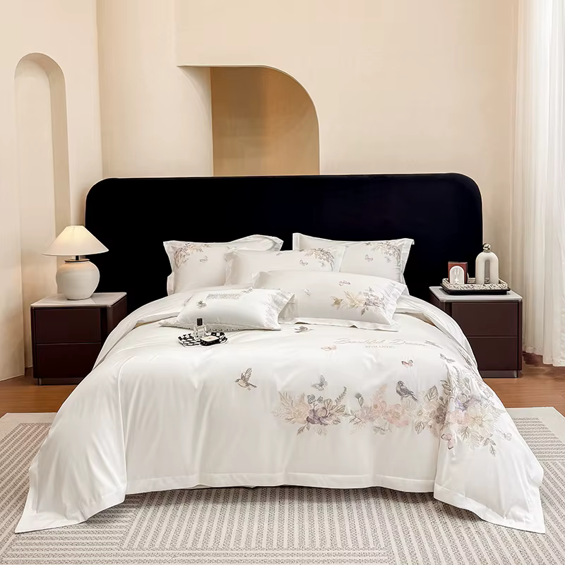 Parure de lit de luxe en coton égyptien 600TC avec broderie florale et oiseaux, housse de couette et