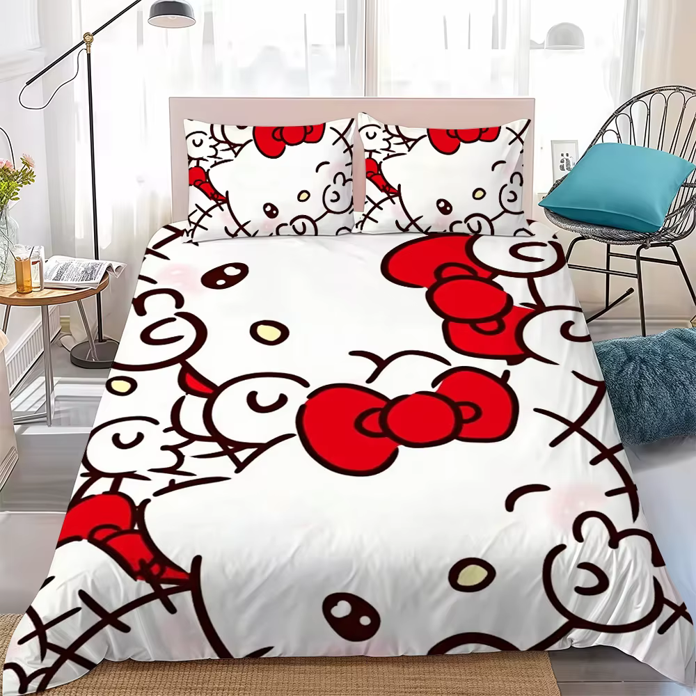 Parure de lit Kawaii H-Hello K-Kitty, style maison, en coton doux, 3 pièces, pour dortoir étudiant, 