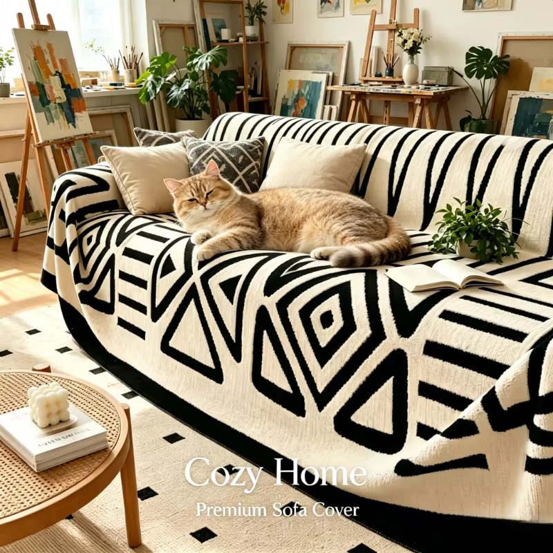 Housse de canapé en flanelle Boho noir et blanc 180×230cm, couverture douce antidérapante et adaptée