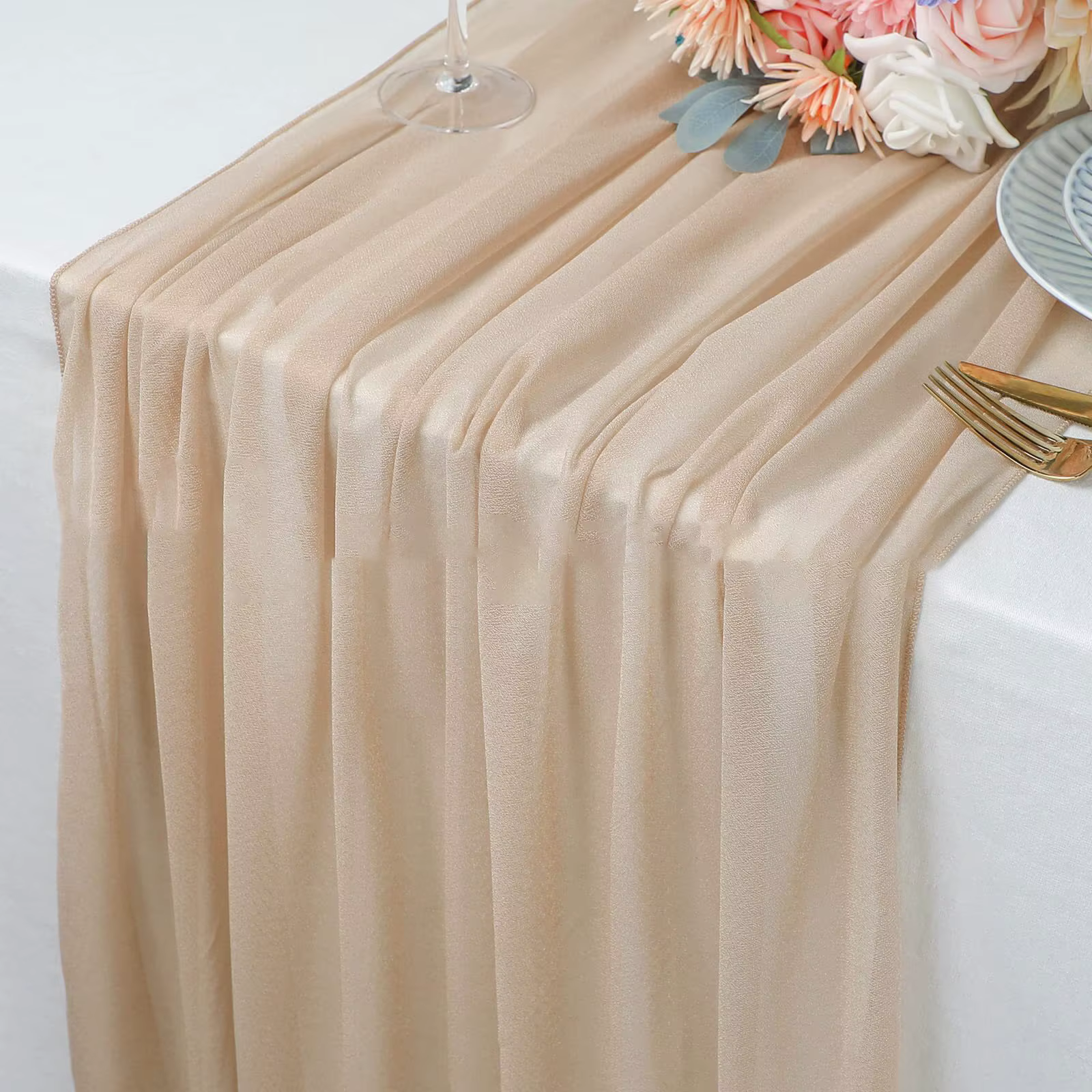 Chemin de Table fin en mousseline de soie Beige, réglage de Table, semi-transparent, pour salle à ma