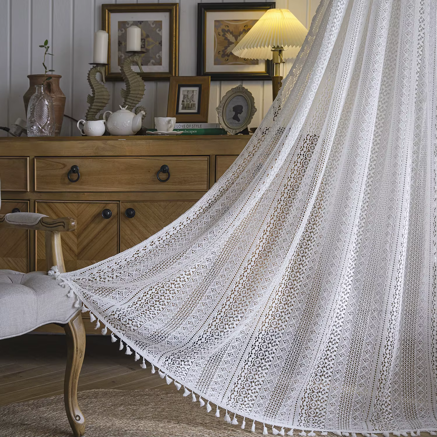 Rideaux Boho pour salon rideaux en dentelle longs 2 panneaux, poche à tige Vintage gland décor bohèm
