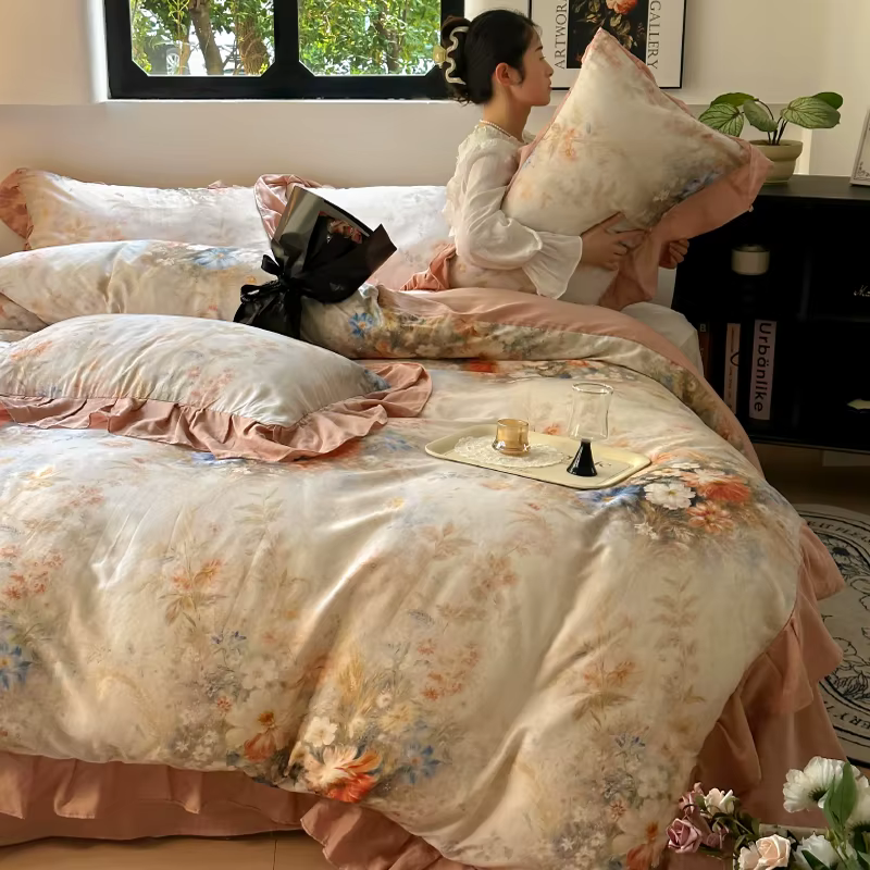 Ensembles de literie nordiques 100% coton, drap plat à fleurs, 2 taies d'oreiller, doux pour la peau