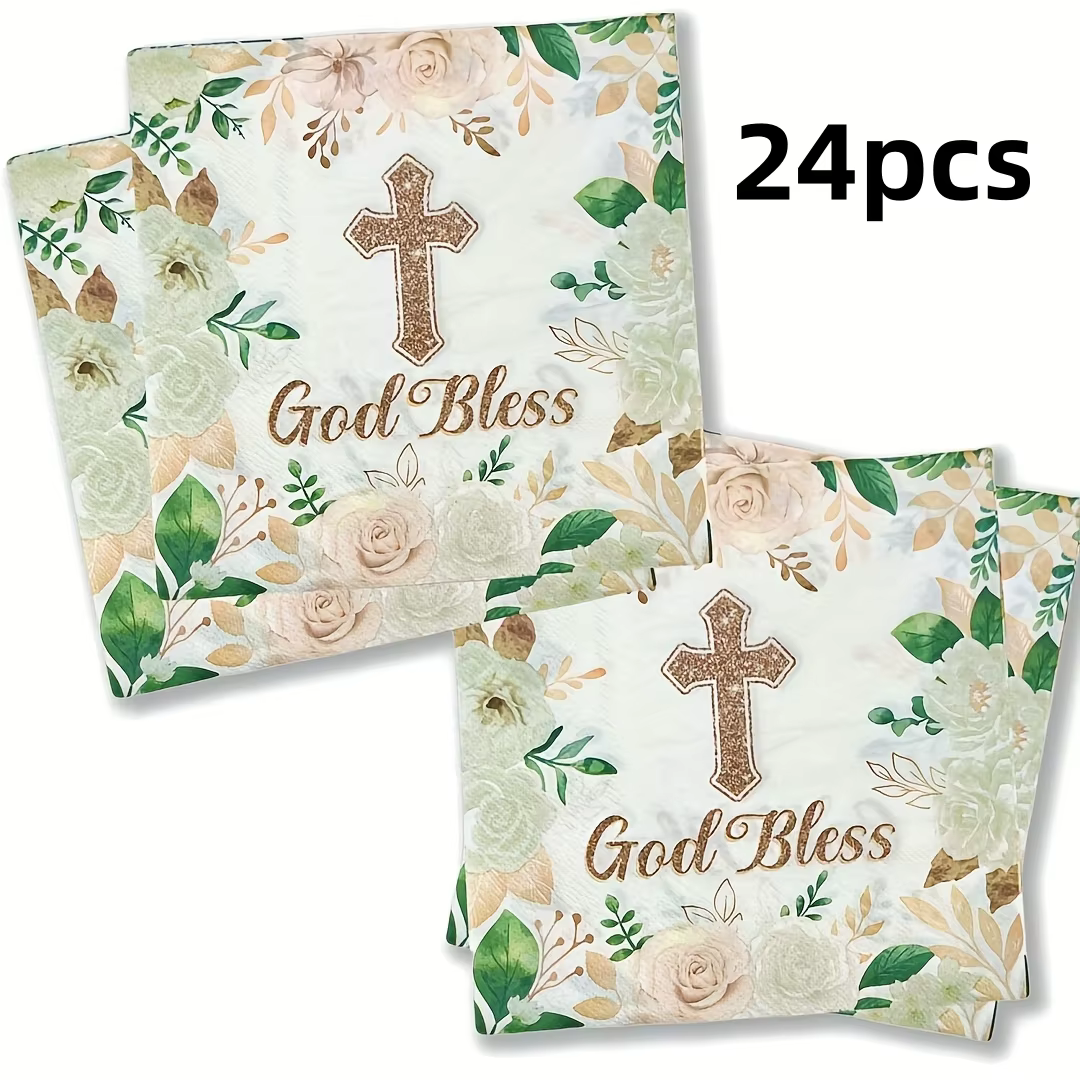 Serviettes de fête 24/48 pièces, serviettes croisées, motifs feuilles vertes, fleurs, croix dorée, b