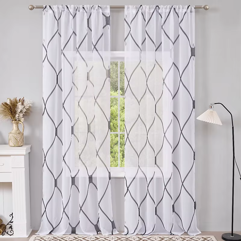 Rideau blanc transparent, motif ondulé à carreaux, traitement du salon, Style moderne, Simple, doux,