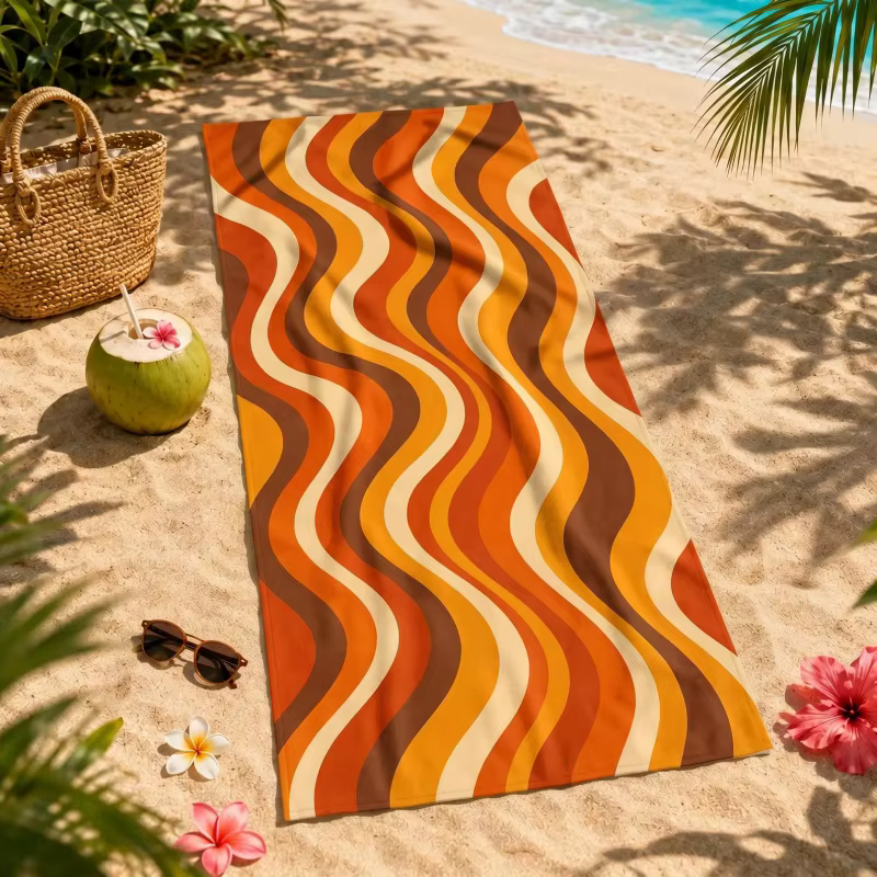 Serviette de plage rétro des années 70, imprimé floral marguerite marron orange, en microfibre, séch