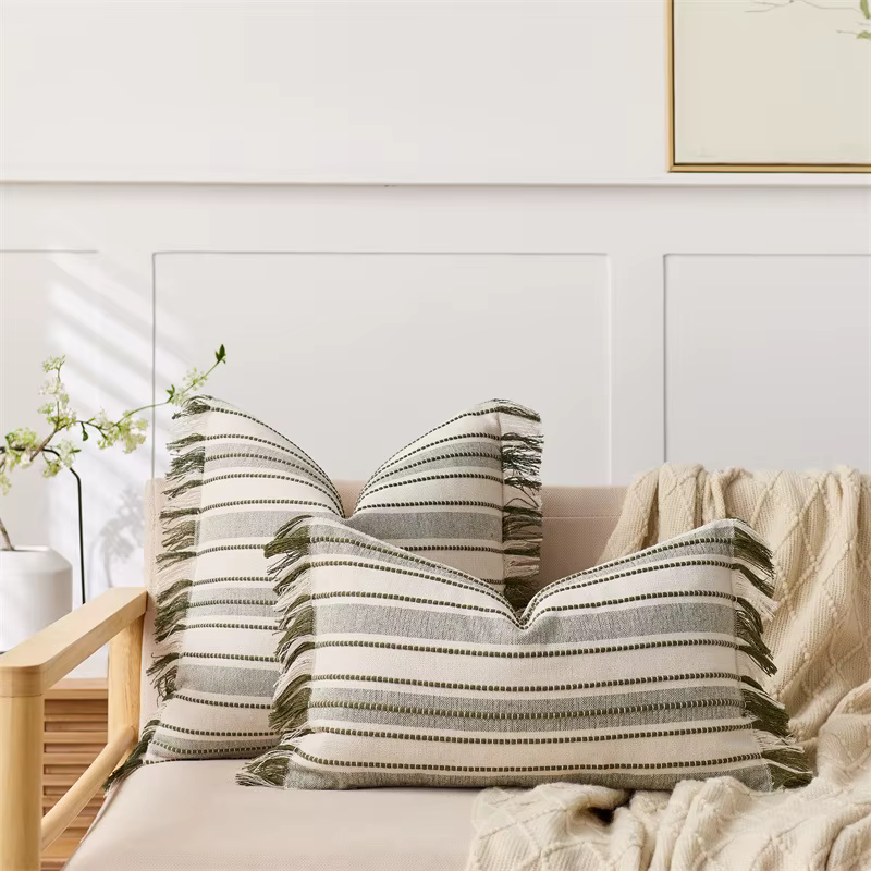 Housse de coussin rayée Style Boho, glands à franges, Jacquard, noir, Orange, jaune, vert, décoratio
