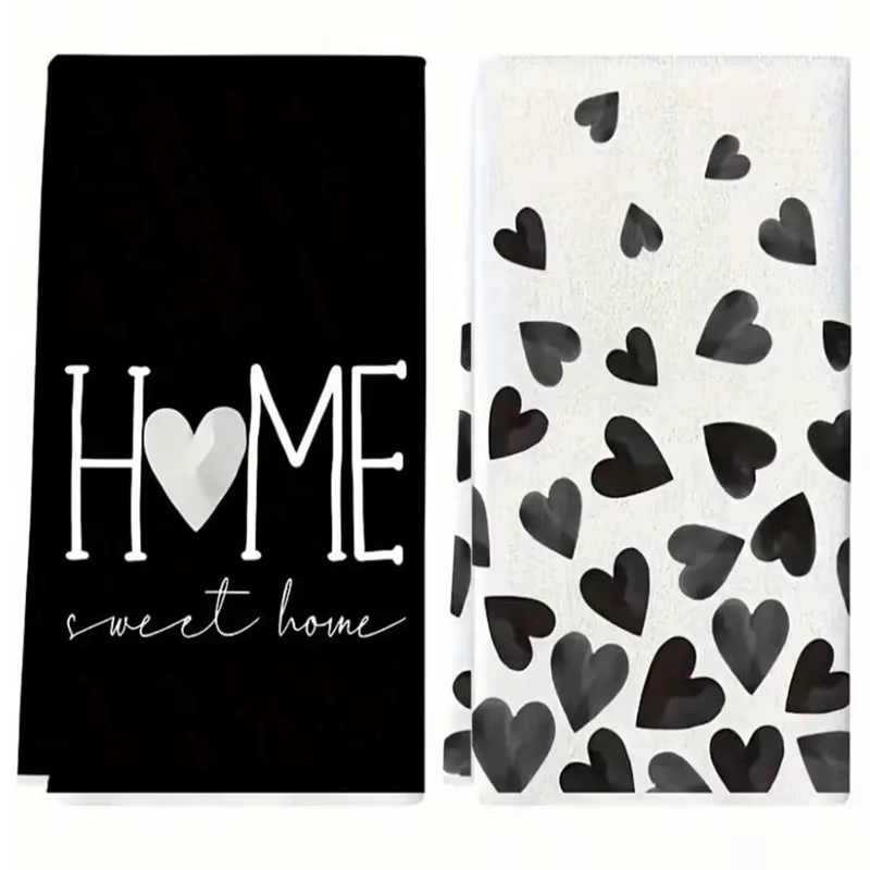 2 serviettes de cuisine noires en forme de cœur, chiffons à vaisselle, serviettes à main, serviettes