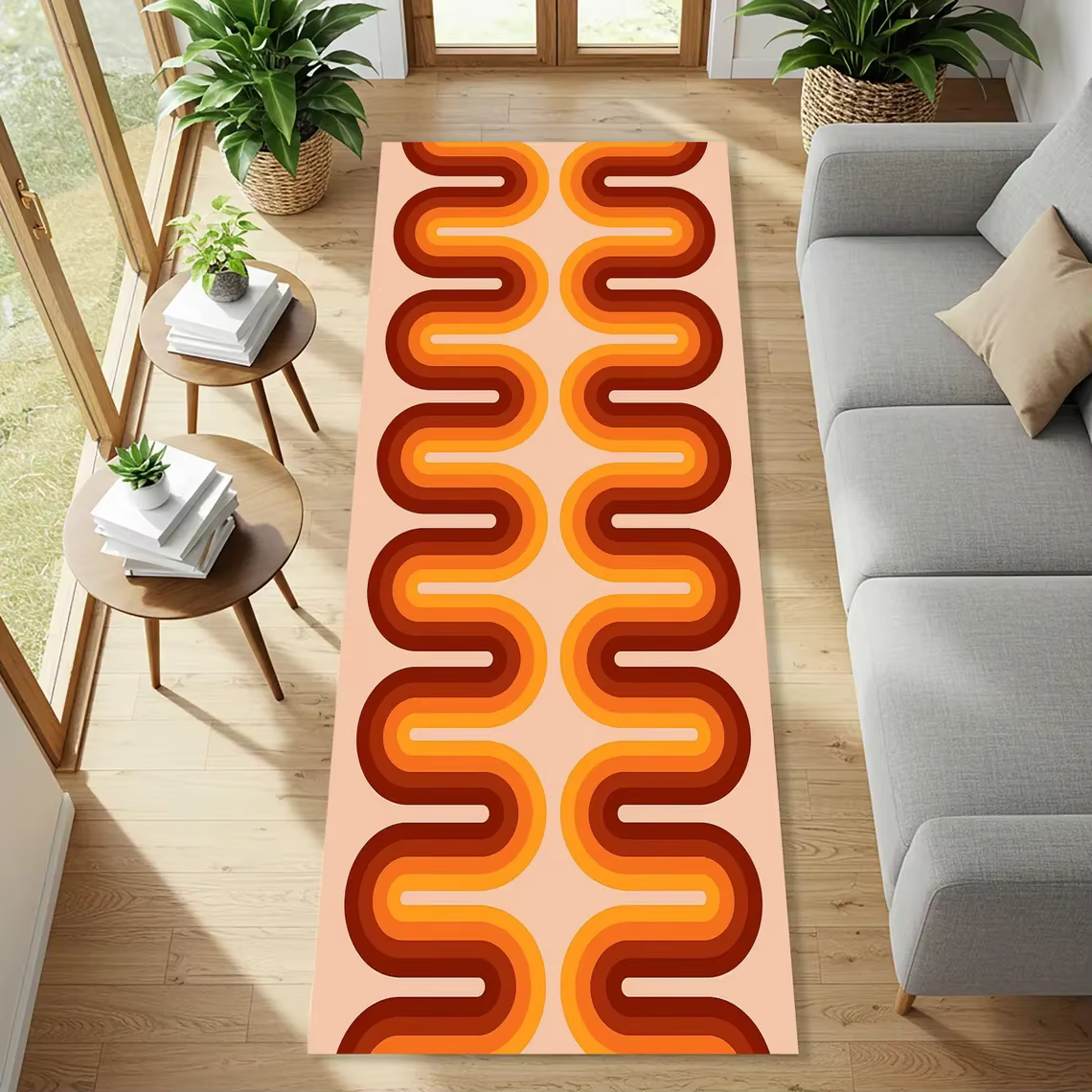 Tapis Rétro Wave Runner avec Motifs Tourbillonnants Orange et Marron, Tapis Funky Style Mid-Century 