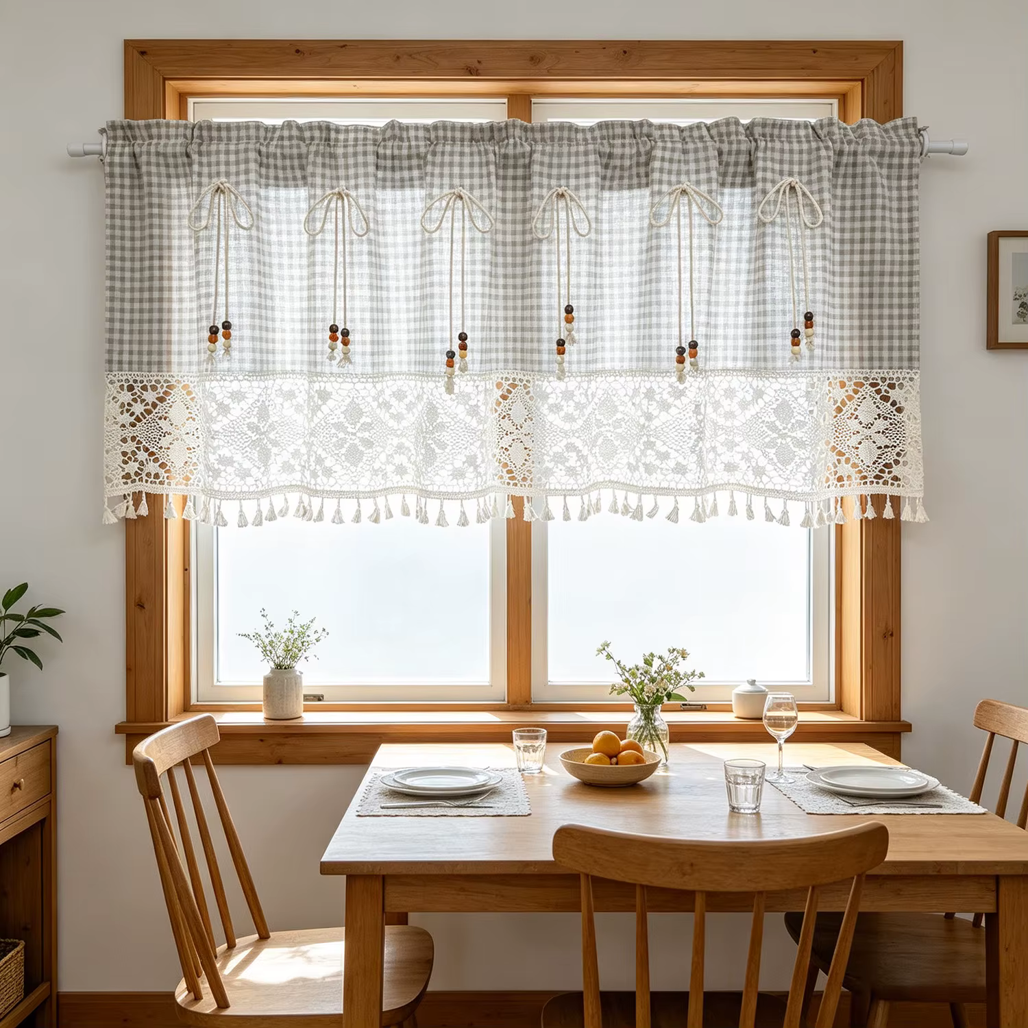 Rideaux à franges bohèmes, rideaux courts en tissu à carreaux avec dentelle crochetée ajourée pour f
