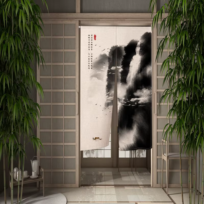 Rideau de porte de style japonais, peinture de paysage à l'encre de Chine, cloison de salle à manger