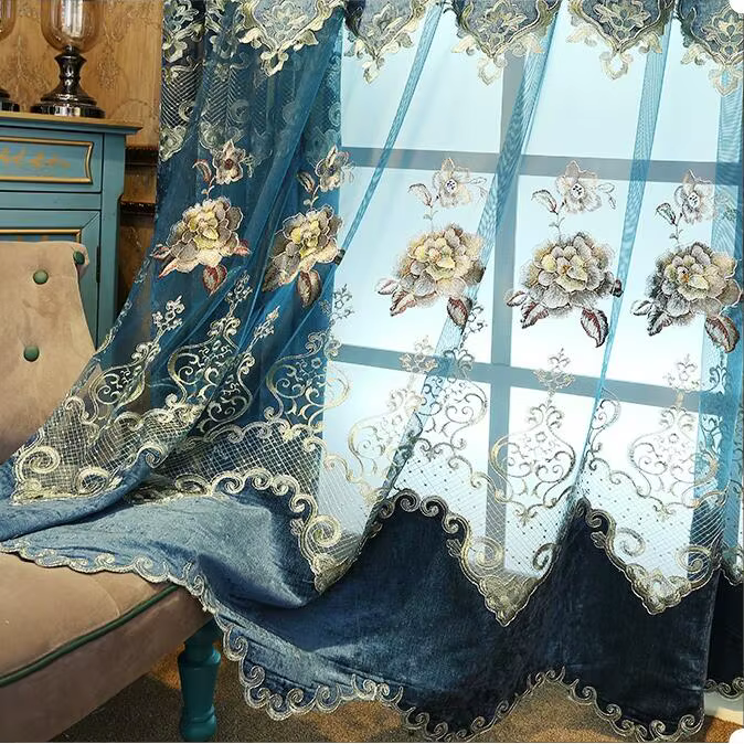 Rideaux brodés haut de gamme pour salon et chambre à coucher, style palais rétro, tulle doré filatur