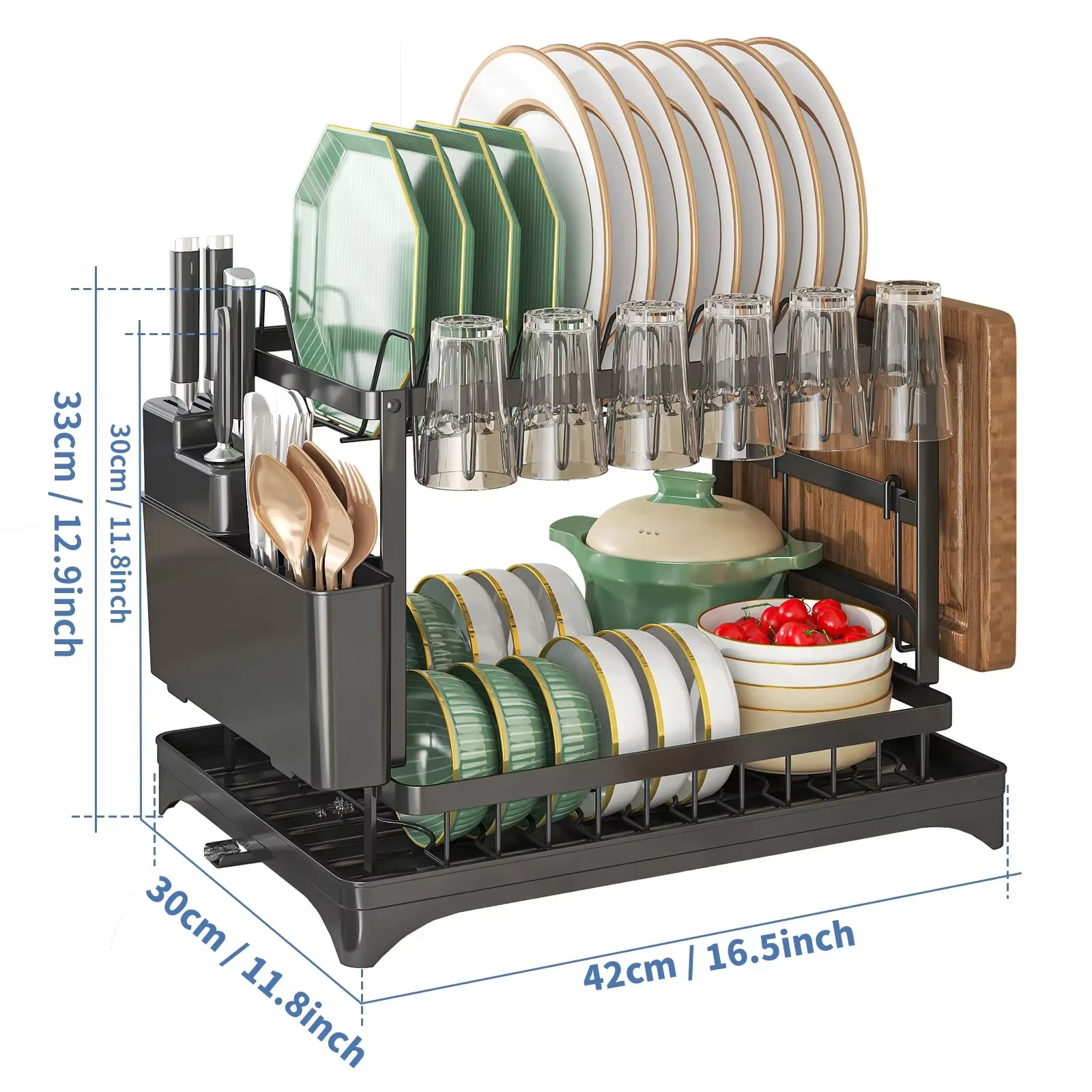 Égouttoir à vaisselle à 2 niveaux, grand égouttoir de comptoir de cuisine avec plateau de drainage, 