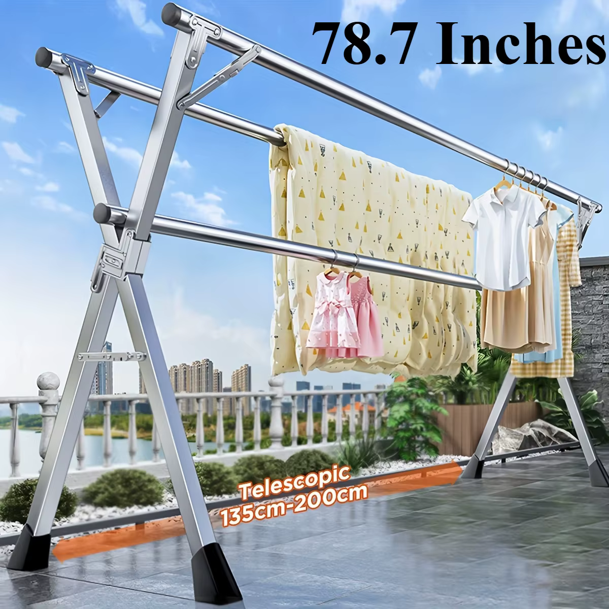 78,7 pouces pliant extérieur intérieur, étendoir vêtements pliable, étendoir à linge pliable, acier 