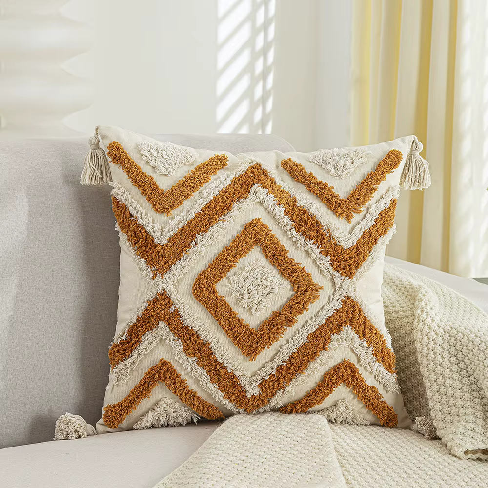 Housse de coussin bohème, taie d'oreiller géométrique brodée avec pompon, 45x45cm, décoration de sal
