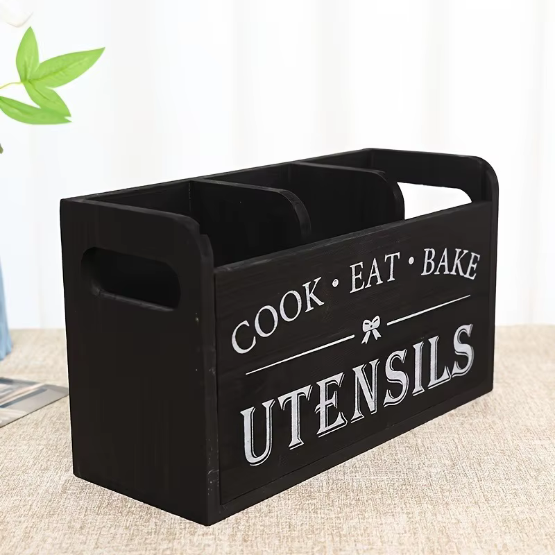 Porte-ustensiles de cuisine rustique en bois, 1 pièce, comptoir à 3 compartiments et organisateur mu