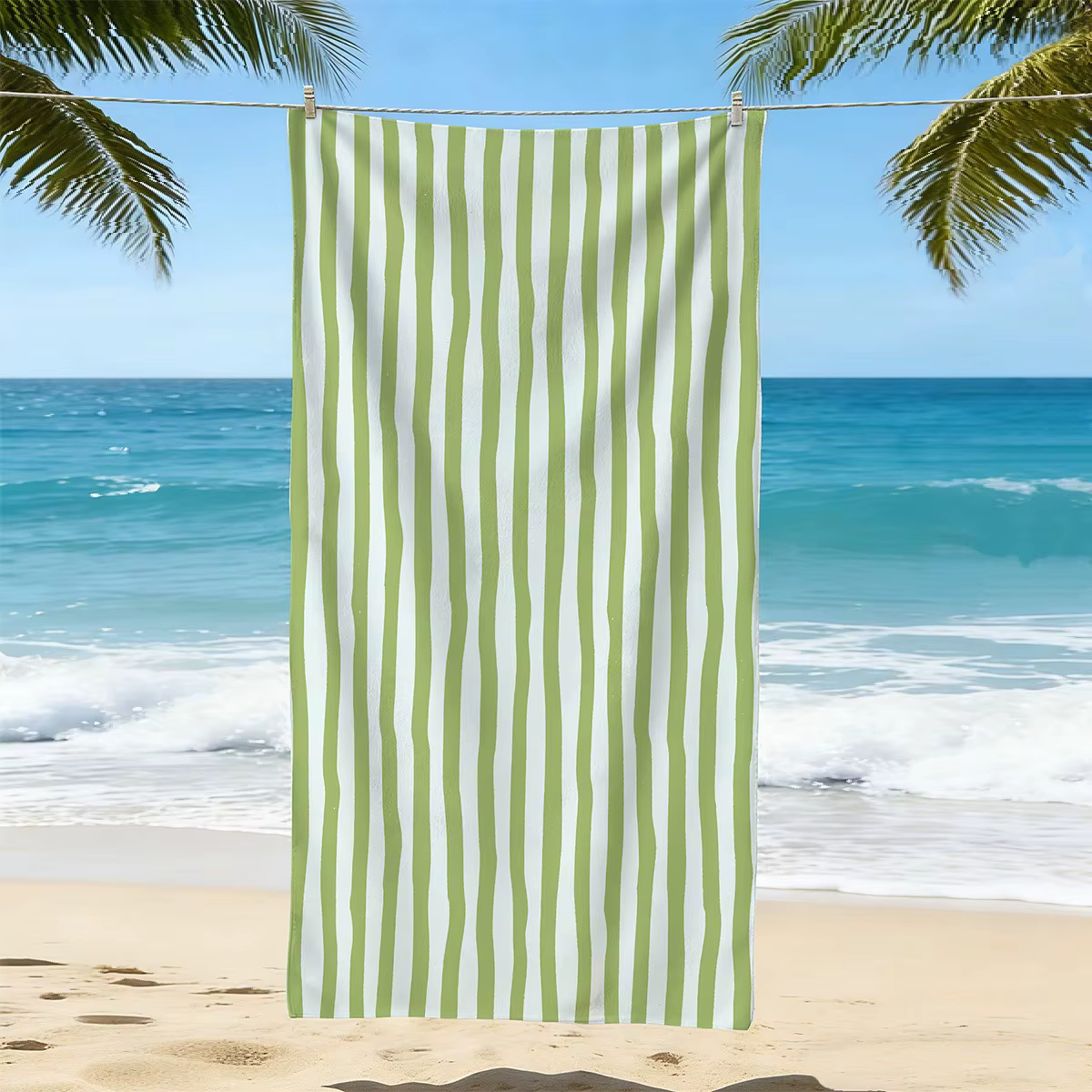Serviette de plage rayée bleue et blanche, rayures verticales classiques, séchage rapide, sans sable