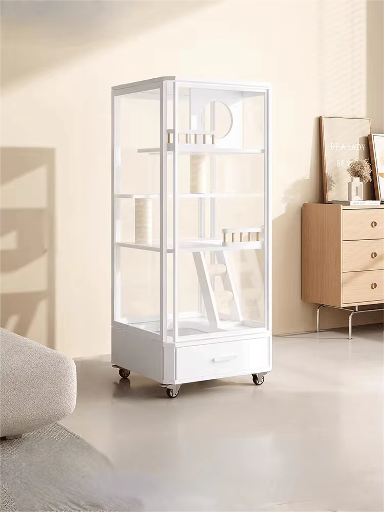 Maison d'intérieur de luxe moderne pour chat, Villa panoramique en verre, Cage en bois massif, bac à
