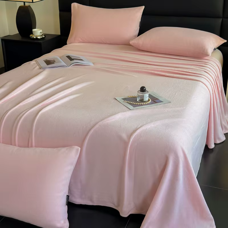 Drap plat en flanelle de couleur unie, drap de lit chaud en peluche avec taies d'oreiller, doux pour